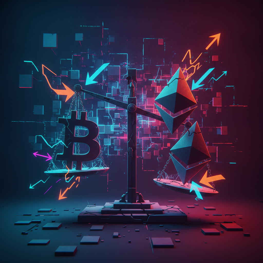 A dynamic, abstract representation of the cryptocurrency market in turmoil. Large, stylized Bitcoin 