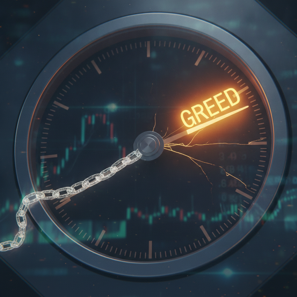 A sleek, futuristic financial gauge or dial, similar to a Fear & Greed Index, prominently displays '