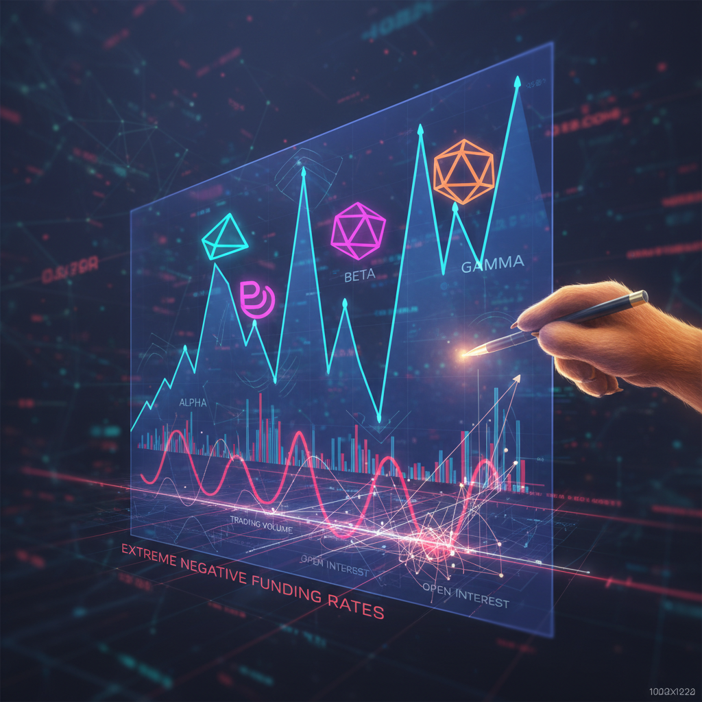 A dynamic, abstract visualization of several altcoins experiencing rapid, volatile price surges on a