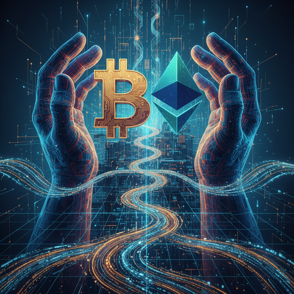 A powerful, abstract digital art piece illustrating large, sturdy, and subtly glowing hands (represe