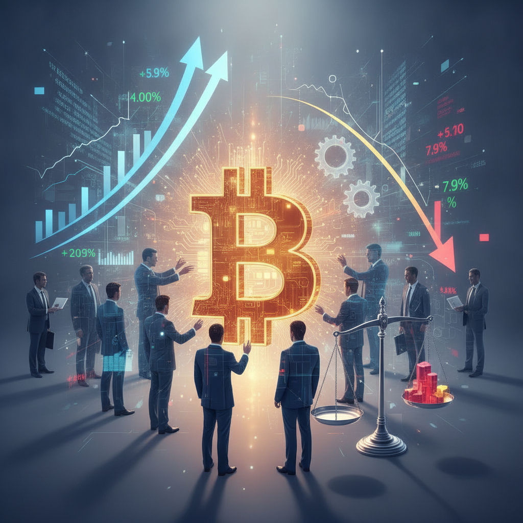 A powerful and symbolic image centered around a prominent, glowing Bitcoin (BTC) logo. Abstract, cle