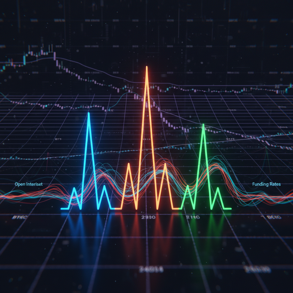 A dynamic visual representation of a volatile cryptocurrency market. In the foreground, several vibr