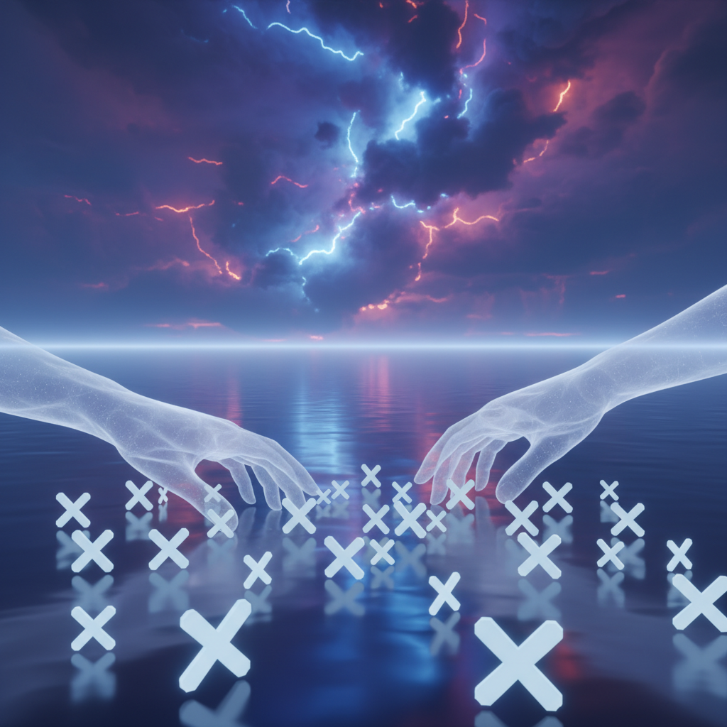 A serene and slightly mysterious digital landscape. In the foreground, subtle, glowing XRP symbols a