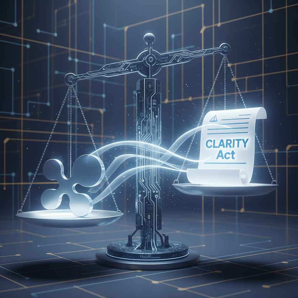 A conceptual image depicting a digital scale of justice, with one side holding a prominent XRP logo 