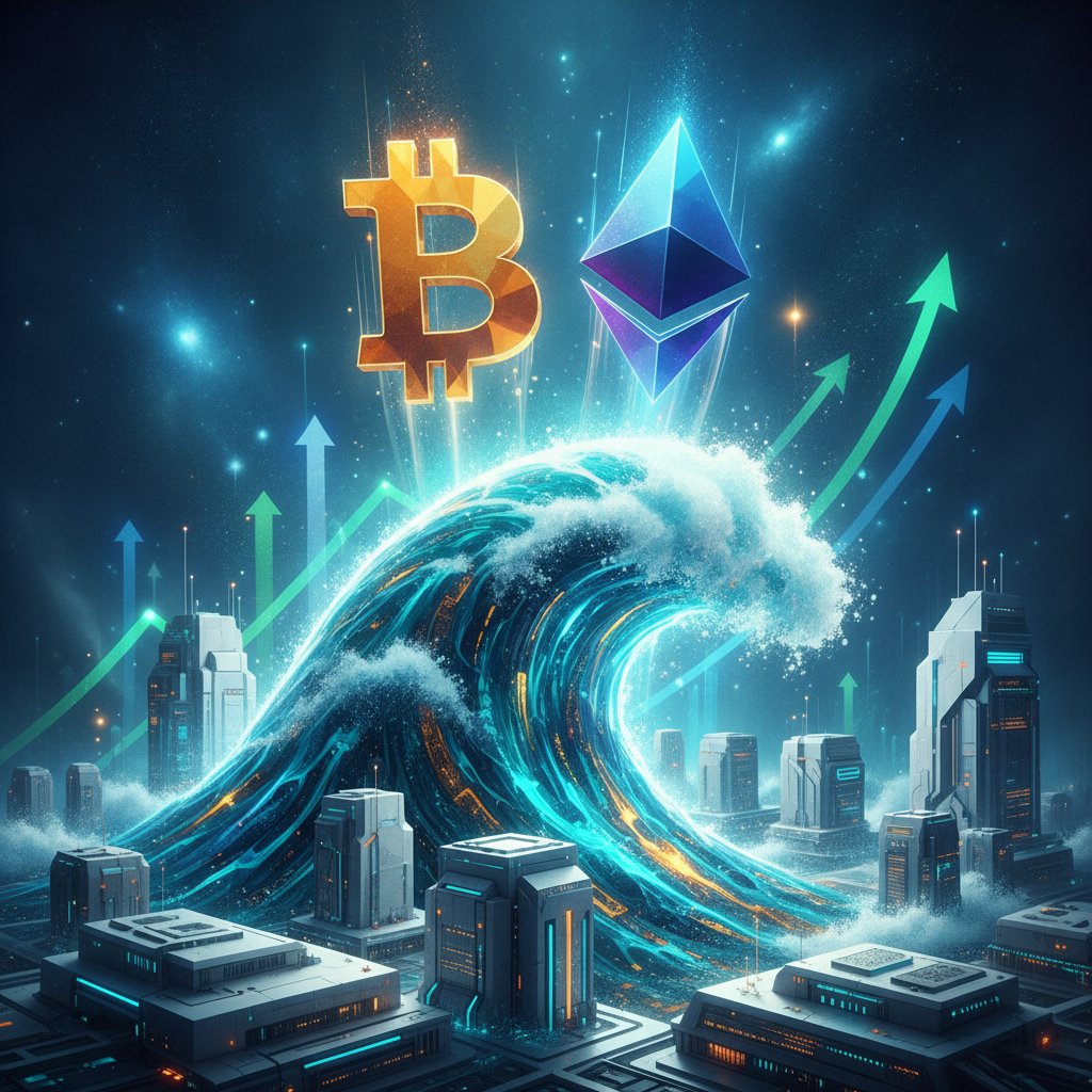 A vibrant, dynamic illustration depicting stylized Bitcoin (BTC) and Ethereum (ETH) symbols soaring 