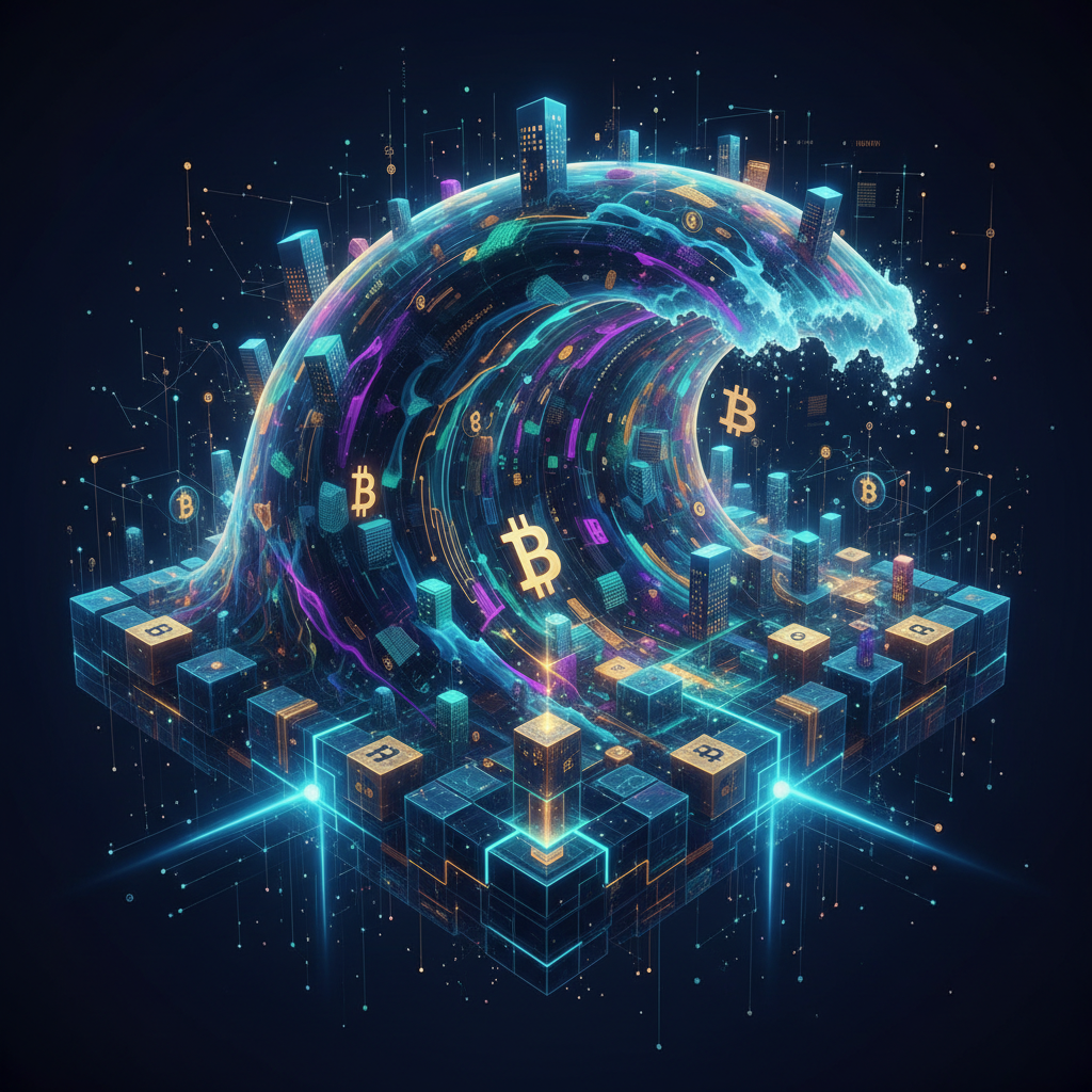 An epic and abstract visual representing the immense 'giant wave' of institutional investment enteri