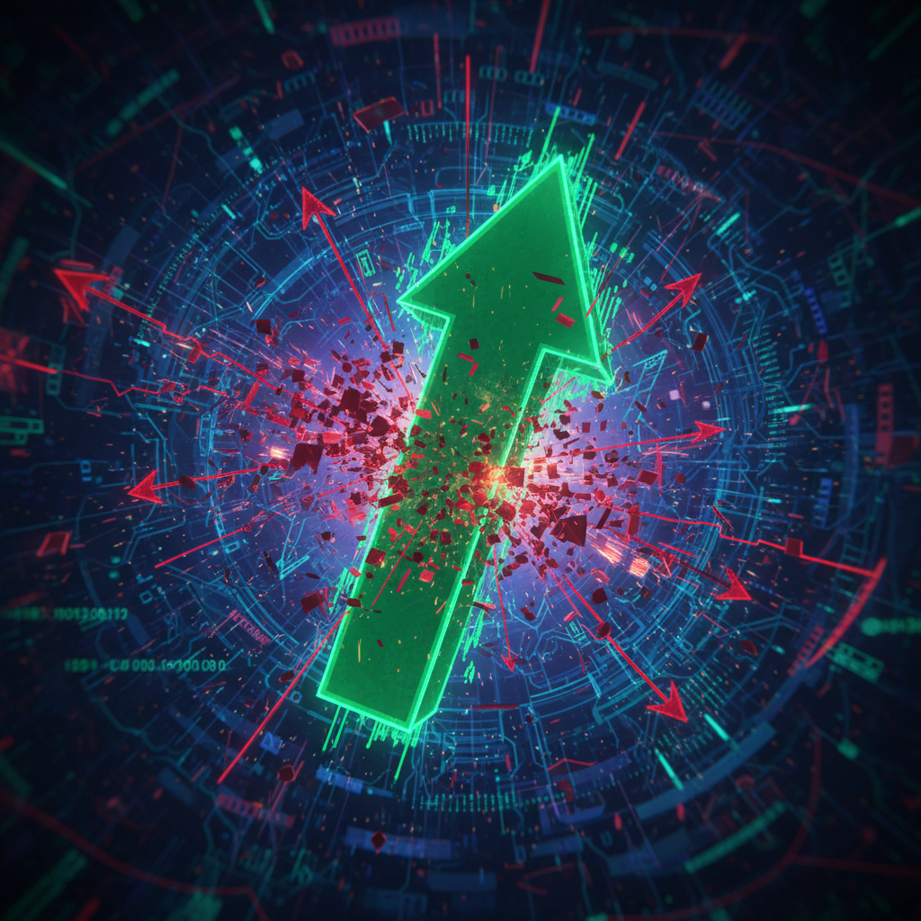 An abstract, dynamic digital artwork illustrating a 'short squeeze' in a cryptocurrency market. A dr