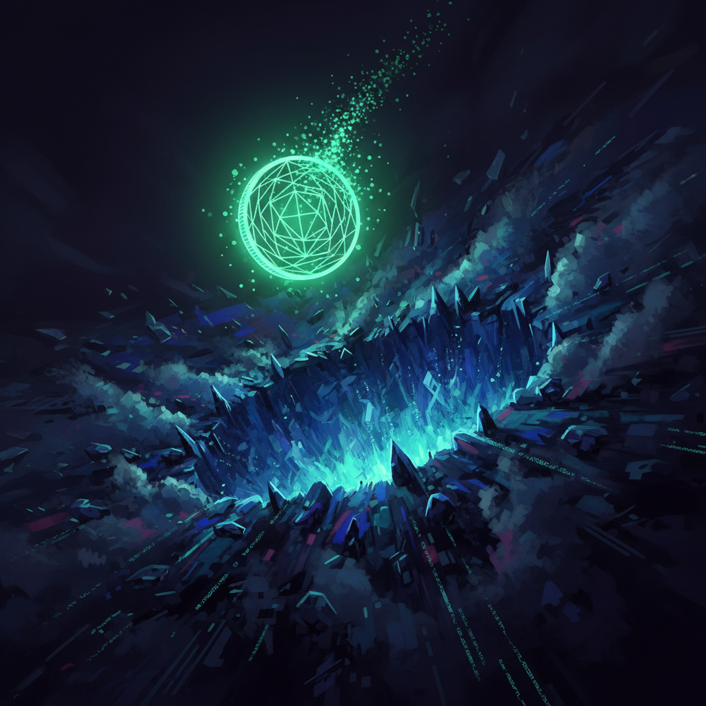 A stylized, digital coin, glowing with a fleeting, intense green light, is soaring briefly and brigh