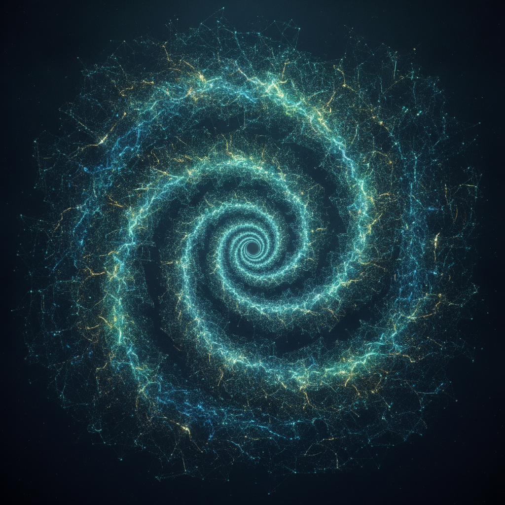 An abstract and futuristic visualization of blockchain technology's relentless evolution. Interconne