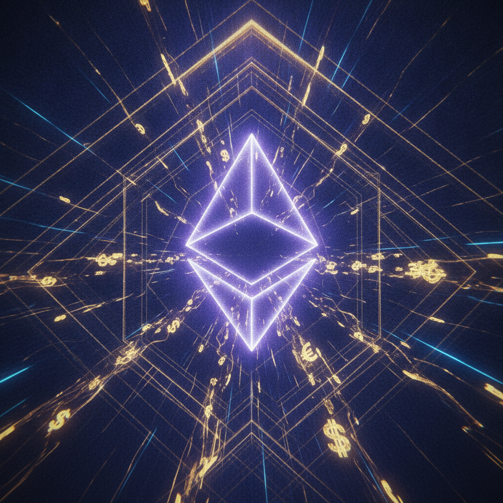An abstract, dynamic visual representing Ethereum's strong upward momentum and significant instituti