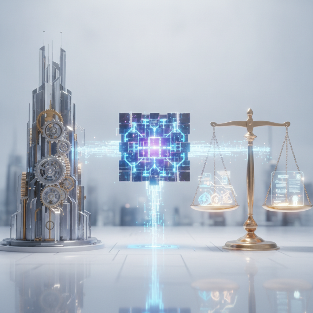 A sophisticated, futuristic image depicting the integration of blockchain, traditional finance, and 