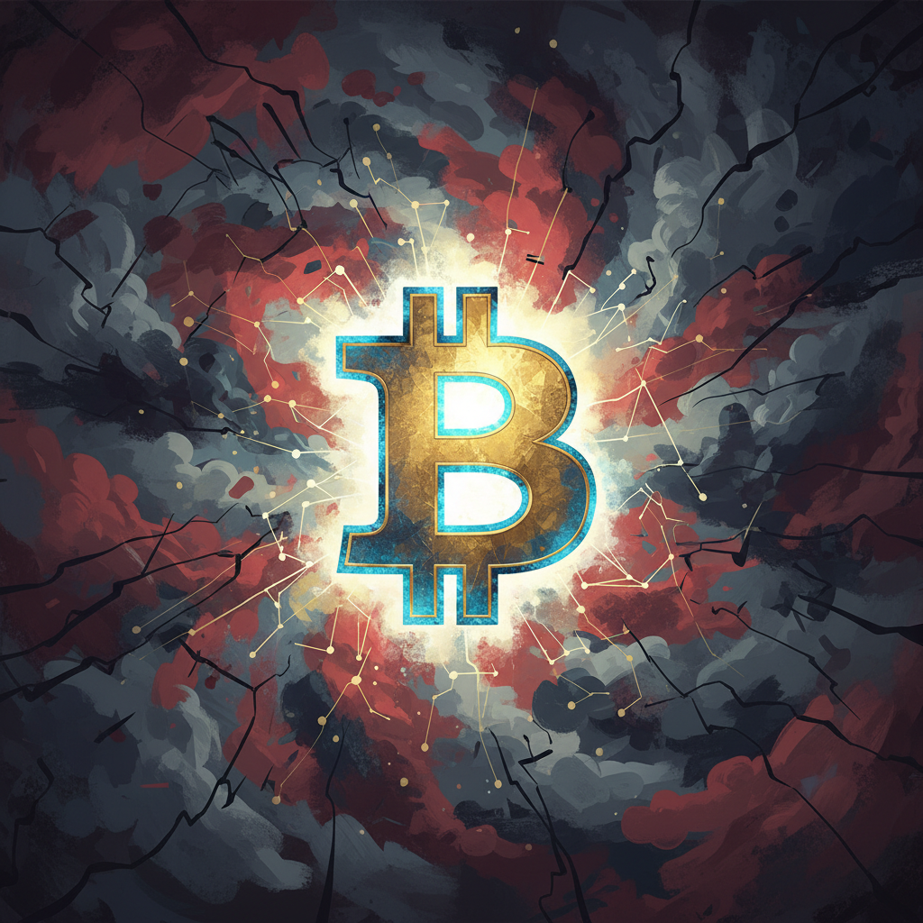 A powerful, stylized Bitcoin symbol, glowing with an inner light, stands firmly at the center of the