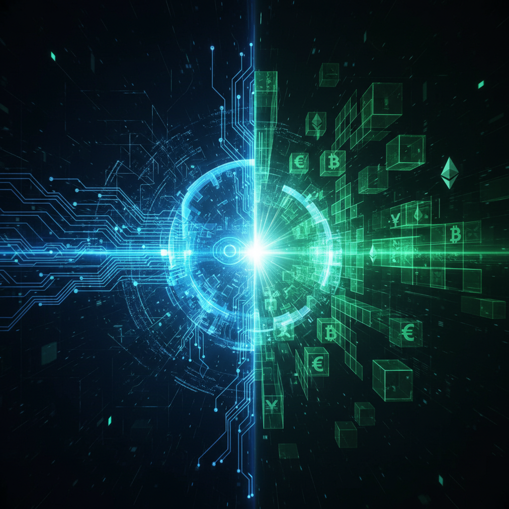 A visually striking representation of artificial intelligence and blockchain technology merging seam