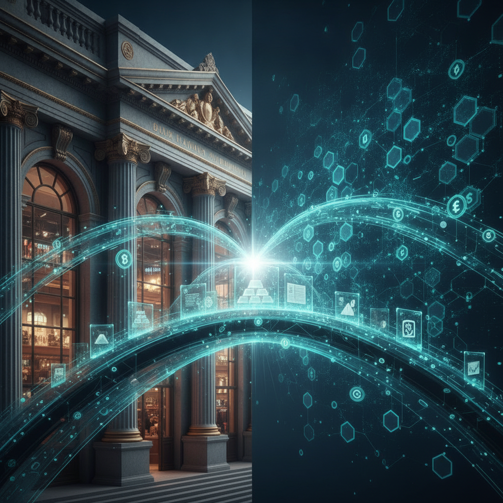 A visually striking depiction of the seamless integration between traditional financial institutions