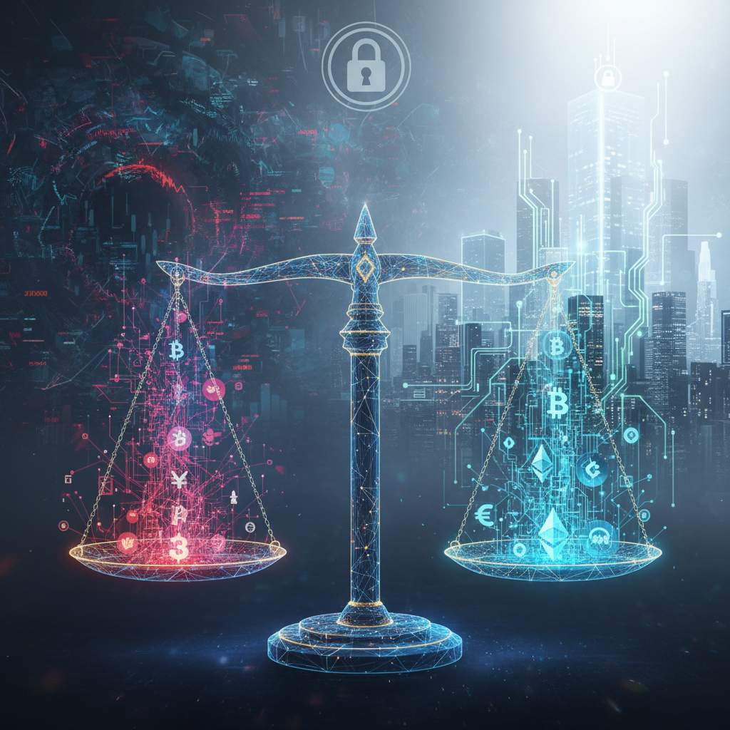 A depiction of regulatory clarity bringing stability to the chaotic crypto market. In the foreground