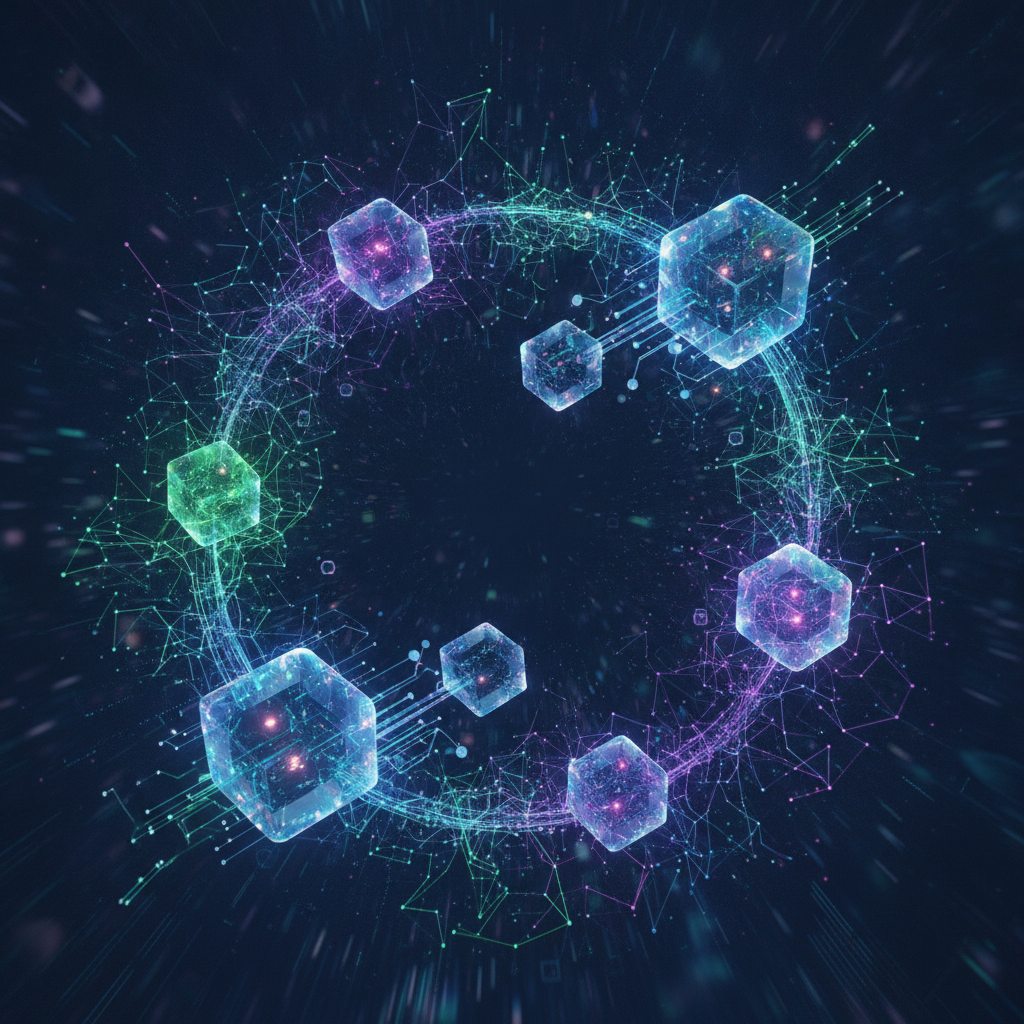 A visually stunning representation of the synergy between Artificial Intelligence and Blockchain tec