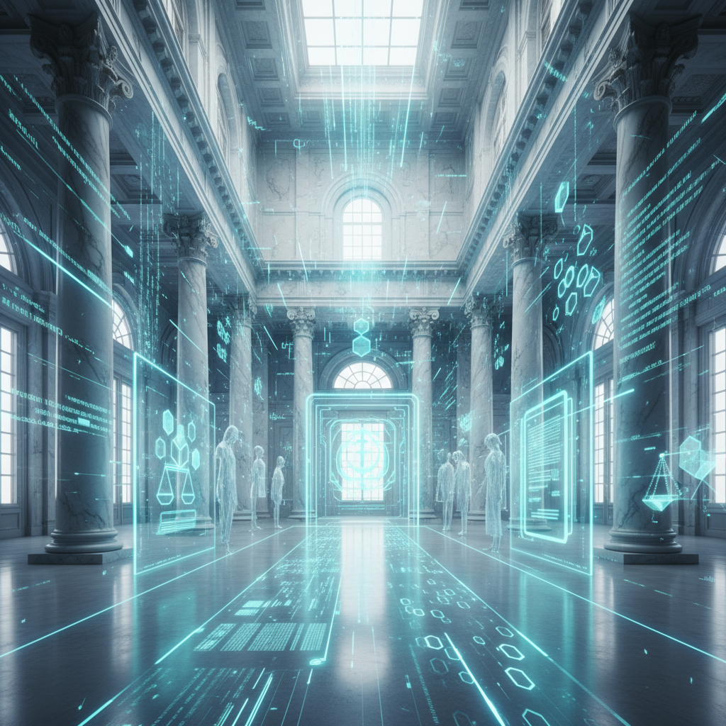 A sophisticated, conceptual image illustrating the integration of blockchain technology into traditi