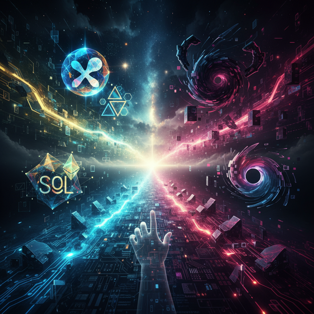 A striking visual metaphor of a crossroads, with two distinct paths diverging. One path is bright, i