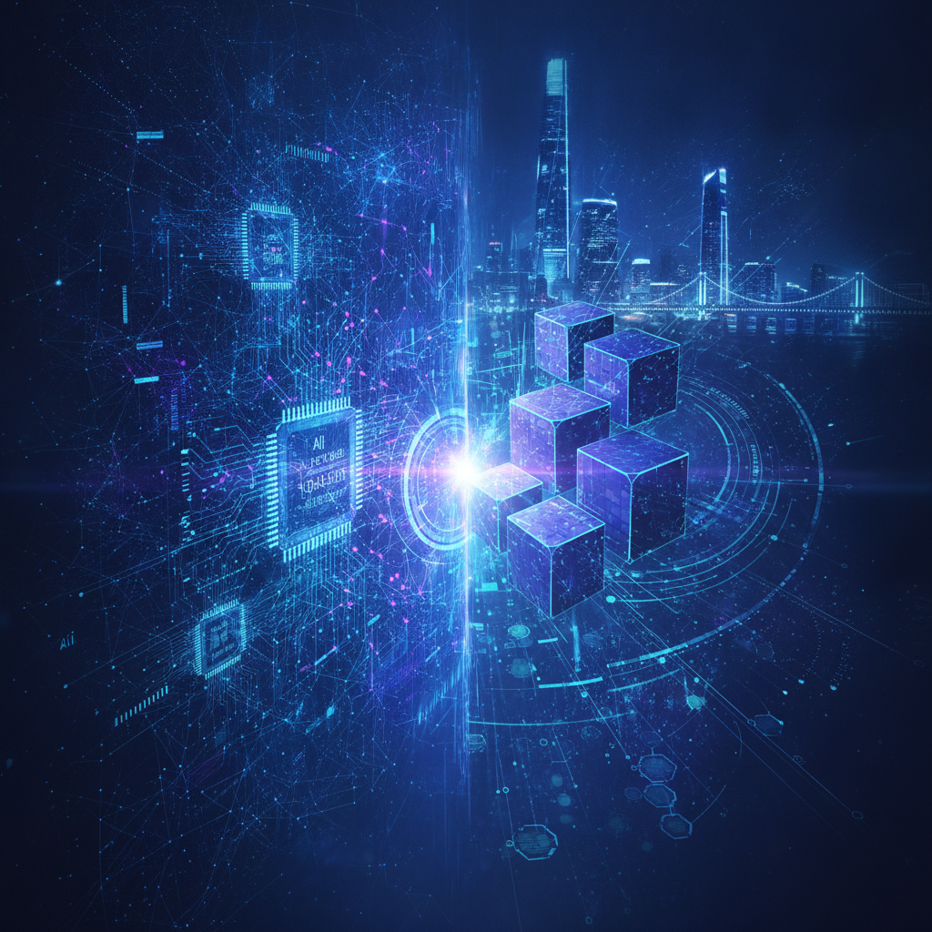 A futuristic, high-tech digital artwork illustrating the powerful synergy between Artificial Intelli