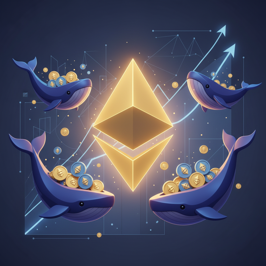 A sophisticated and optimistic digital illustration for Ethereum. A large, radiant Ethereum symbol i