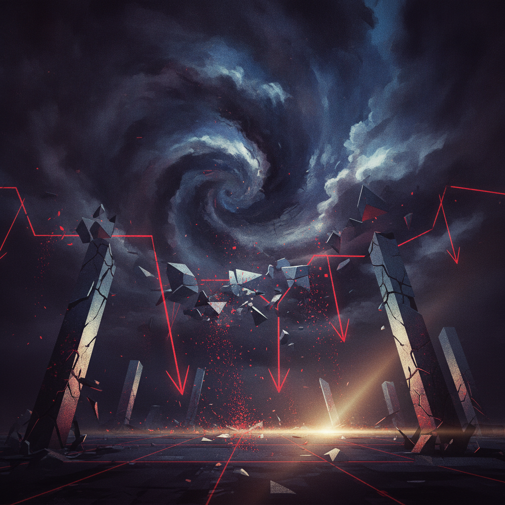 An abstract and dynamic visual representing a turbulent financial market. Dark, swirling clouds or s