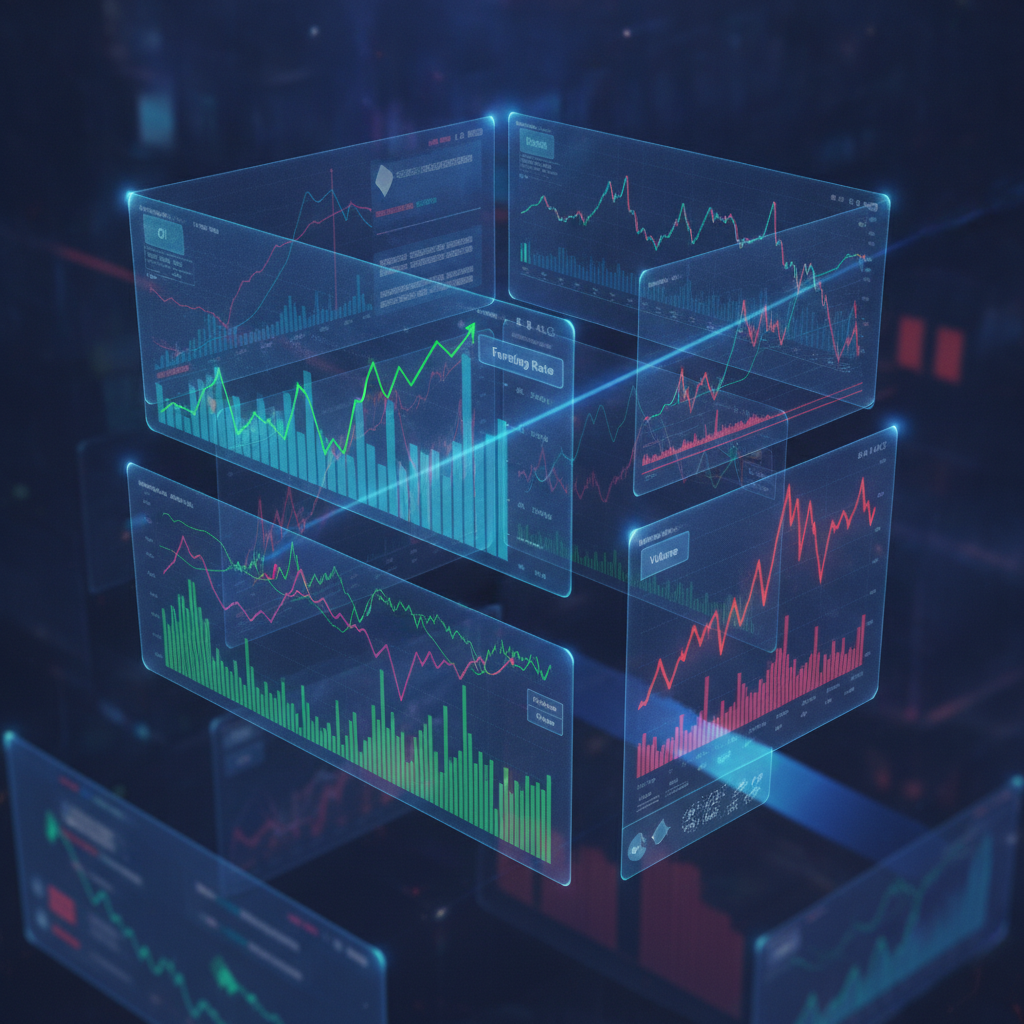 A sophisticated digital interface displaying multiple cryptocurrency charts and data points, represe