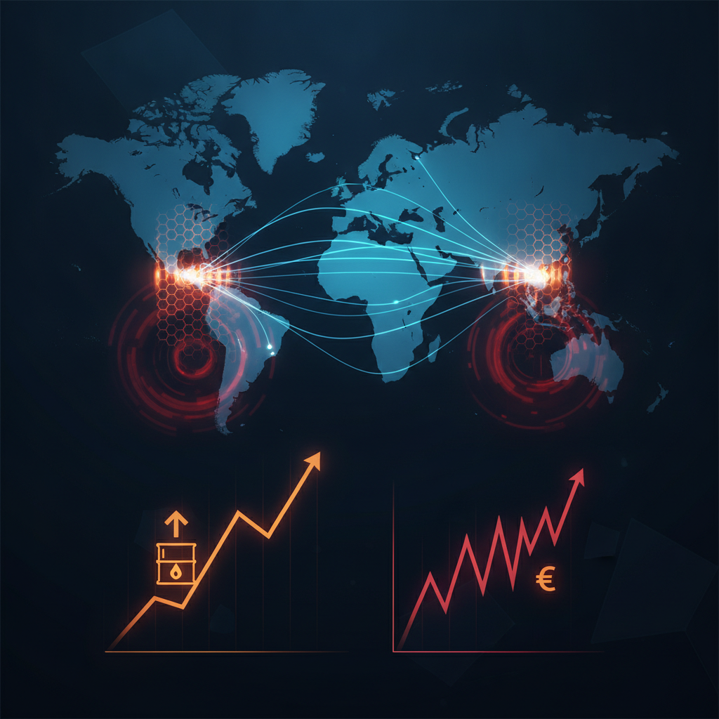 An abstract yet clear visualization of global economic pressures. Stylized world map with interconne