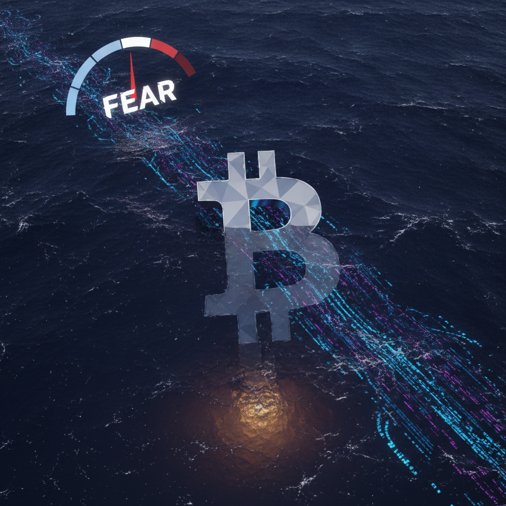 A stark, conceptual image showing a large, stylized Bitcoin symbol partially submerged in turbulent,