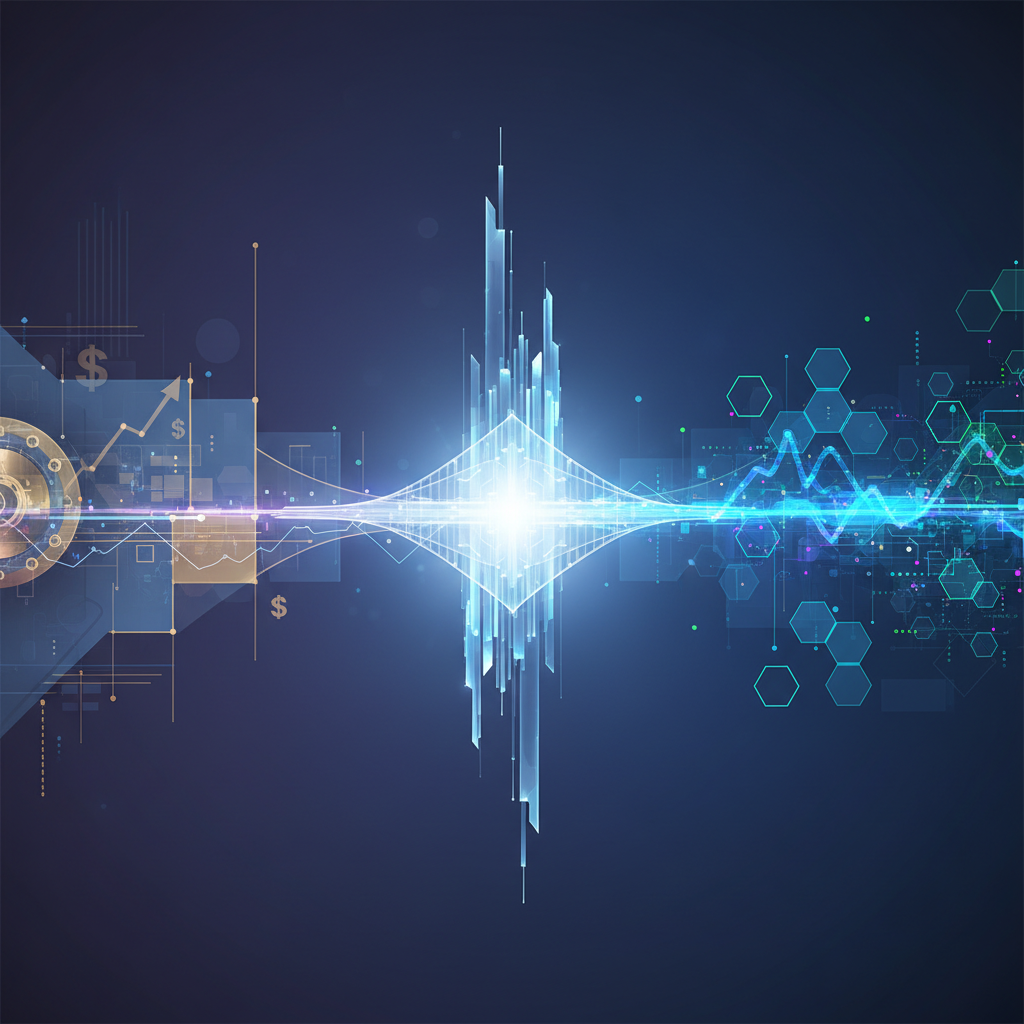 An abstract and sophisticated visual representing the integration of traditional finance and blockch