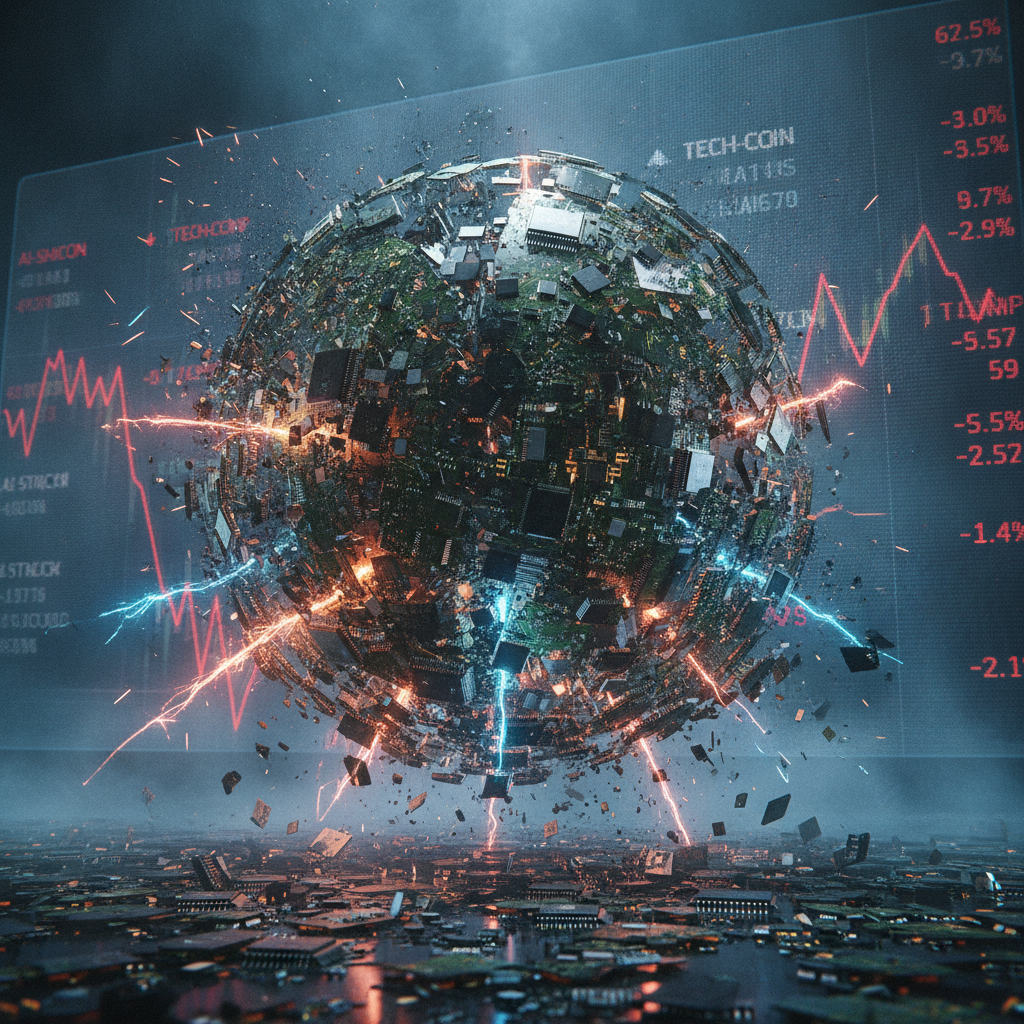 A dramatic and unsettling visual of a 'bubble' made of intricate circuit boards and microchips viole