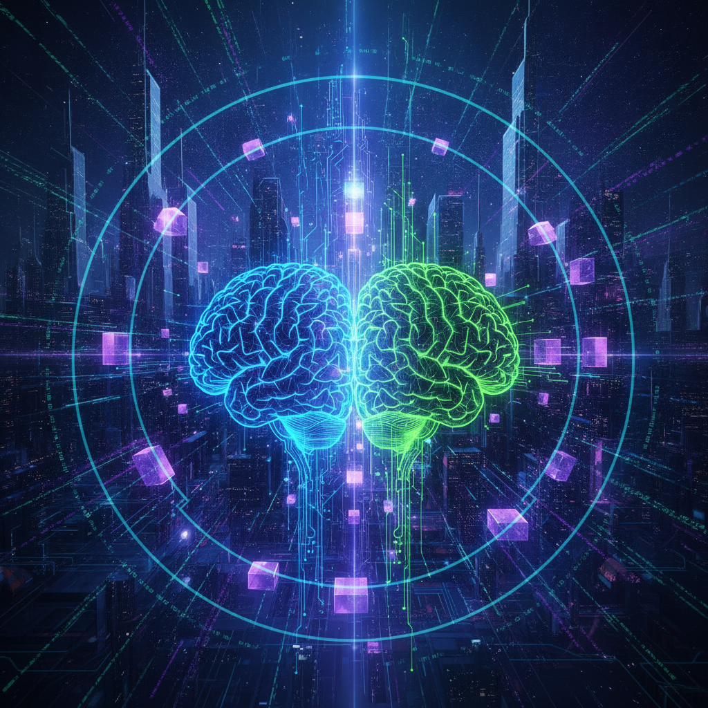A dynamic and futuristic digital art illustration showcasing the synergy between Big Tech and AI, in