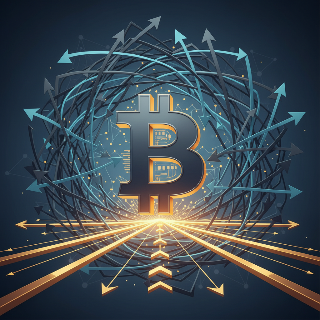 A robust, stylized Bitcoin symbol is firmly anchored in the center of the image. Around it, dynamic,