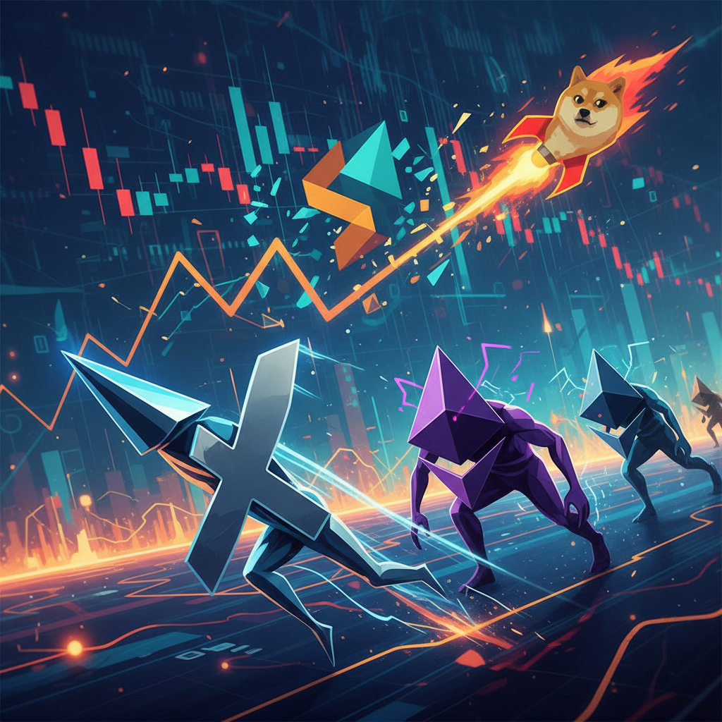 A visual metaphor of a dynamic race or competition among several cryptocurrency symbols. XRP is depi