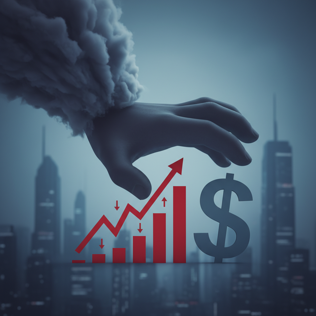 A visual metaphor for macroeconomic pressure and risk aversion. Heavy, dark clouds or a large, omino