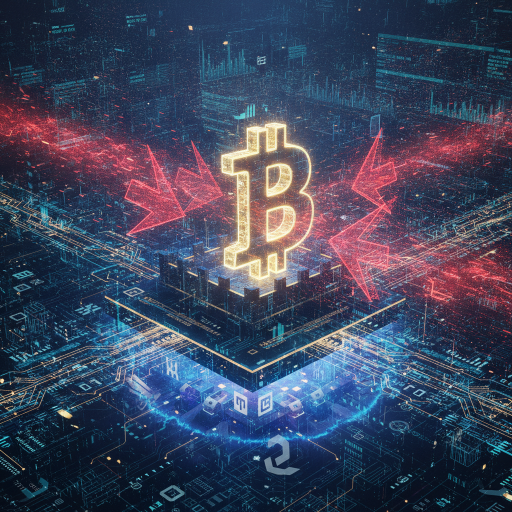 A robust, glowing Bitcoin symbol (BTC) standing firm like a digital fortress on a stable, data-infus