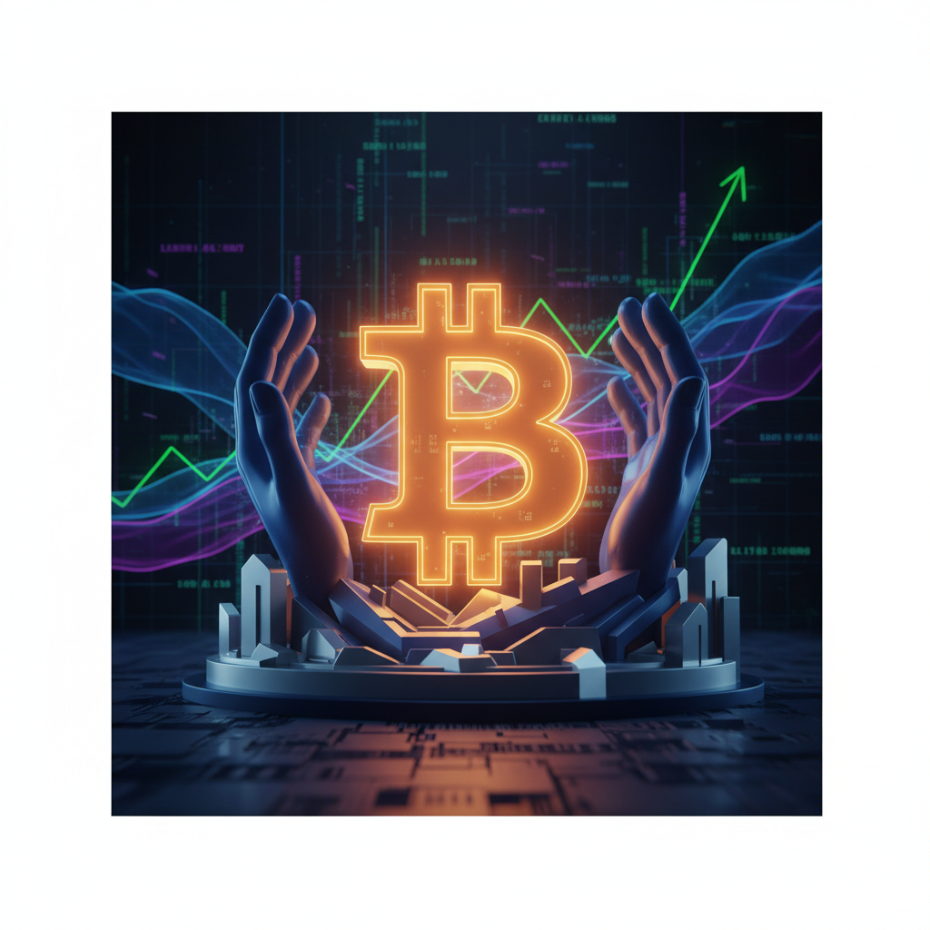 A powerful, stylized Bitcoin symbol (B) glowing brightly at the center, surrounded and subtly suppor