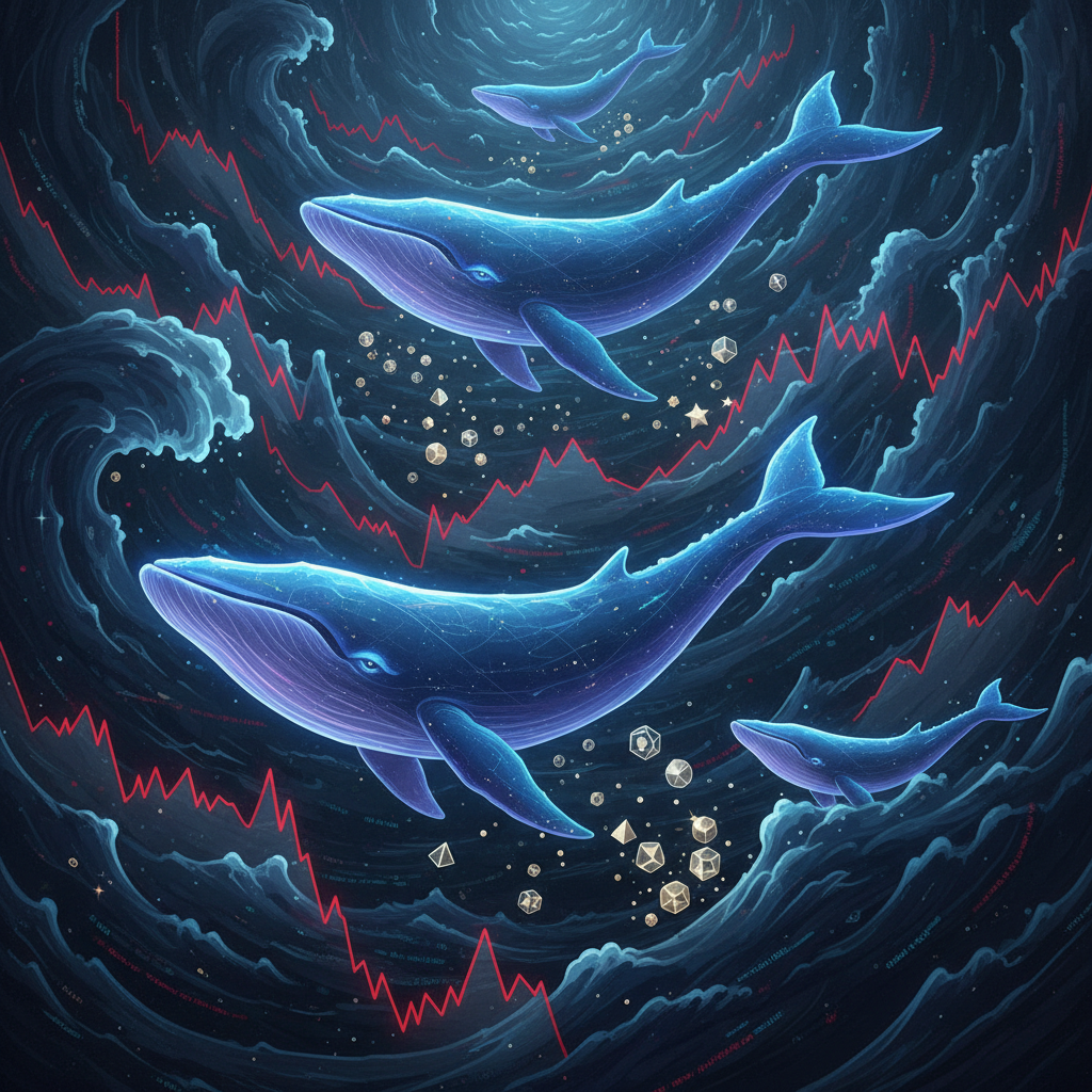 An abstract and powerful visual representing 'whale' investors in the cryptocurrency market. Several