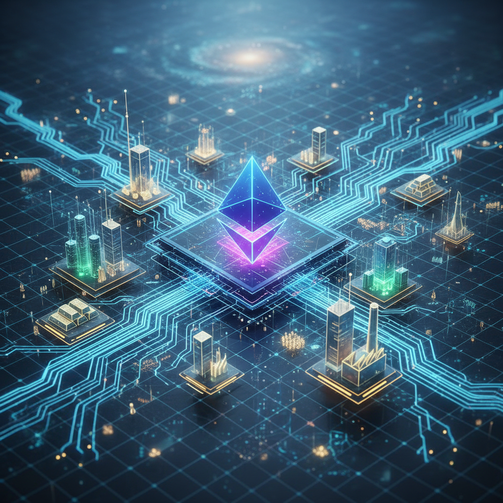 A luminous Ethereum symbol at the heart of an intricate, futuristic digital network. This network vi