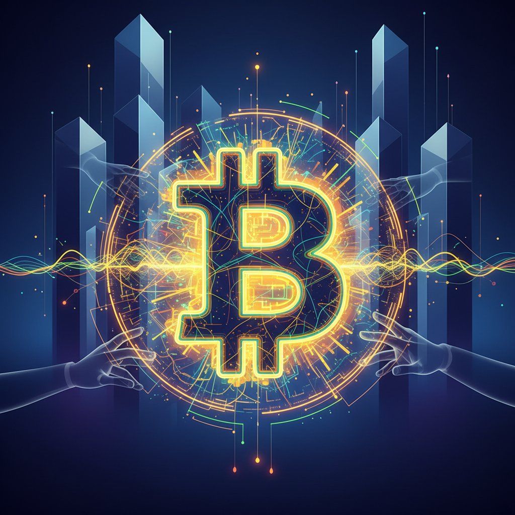 A powerful, stylized Bitcoin (B) symbol at the center, surrounded by dynamic, somewhat chaotic digit