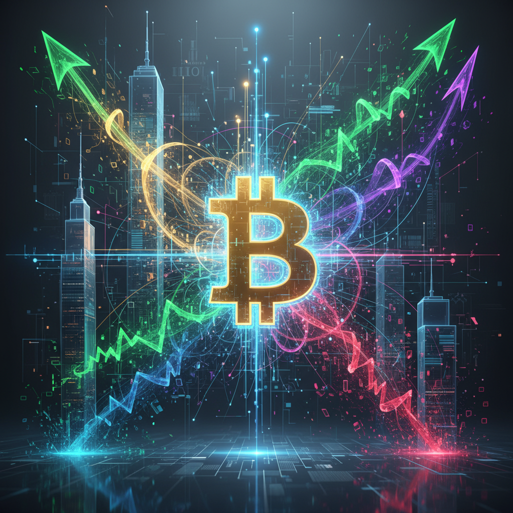 A powerful, abstract representation of Bitcoin's current market state. A large, glowing, stylized Bi