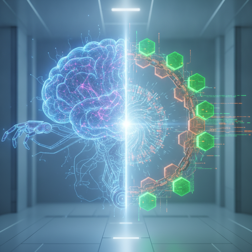 A futuristic and innovative visual representing the synergy between Artificial Intelligence and Bloc
