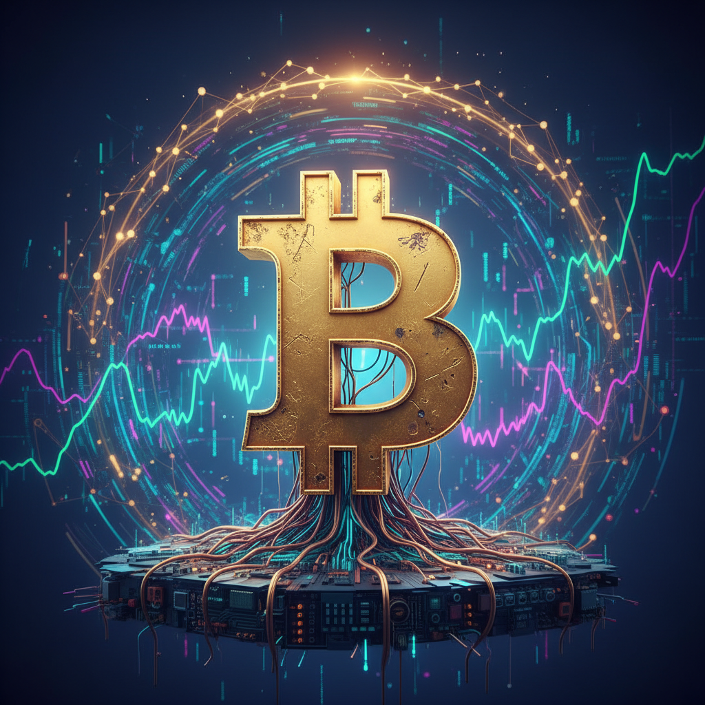 A captivating image centered around a stylized, slightly weathered but resilient Bitcoin symbol (BTC