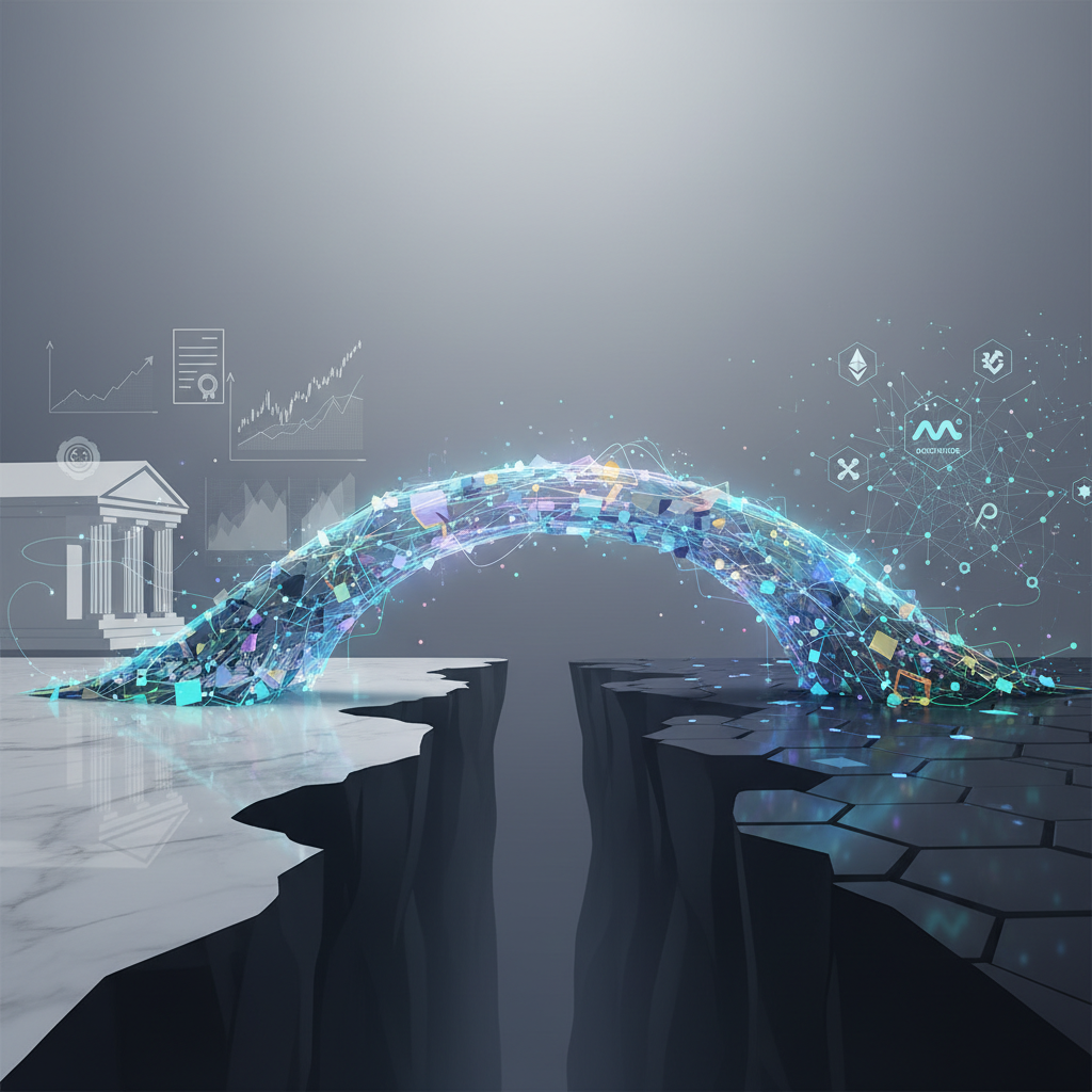 A modern, elegant bridge constructed from glowing, interconnected blockchain nodes and digital data 