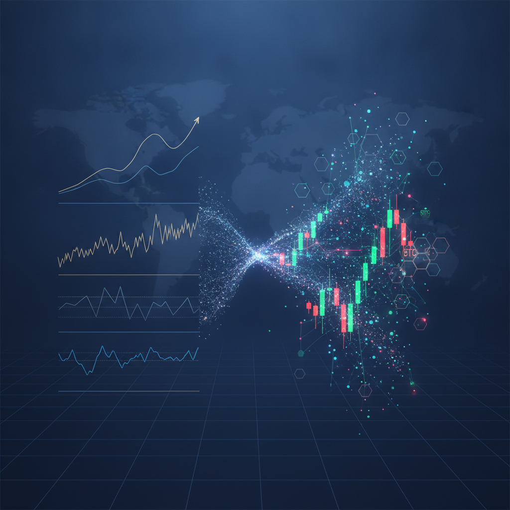 A dynamic visual representation of global financial markets intersecting with cryptocurrency. On one