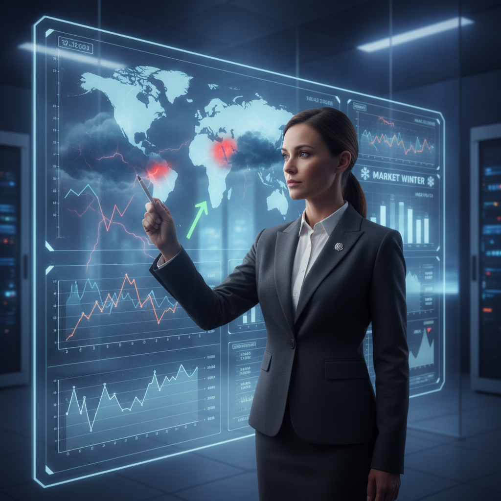 A sleek, modern digital interface displaying complex financial charts and a stylized global map. The