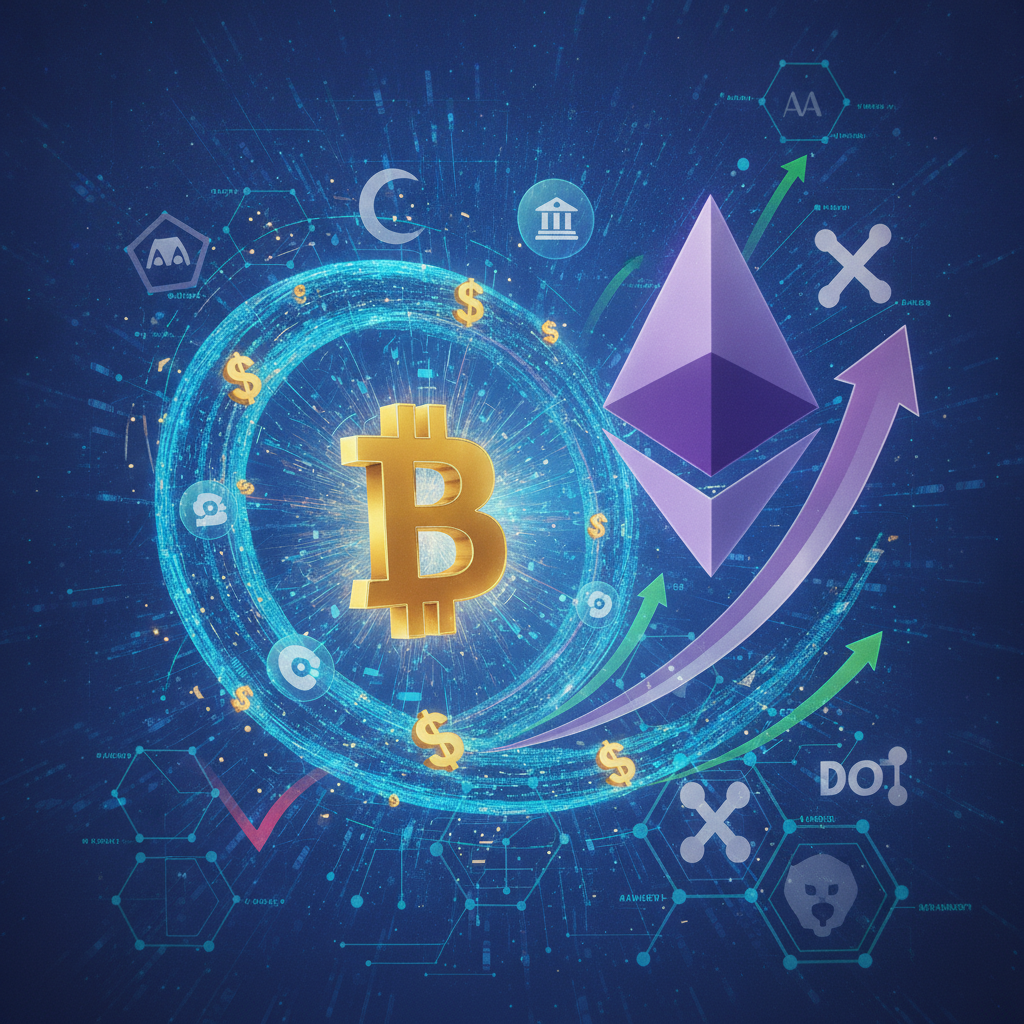 A dynamic and abstract visualization of cryptocurrency market dynamics. A prominent, stable Bitcoin 