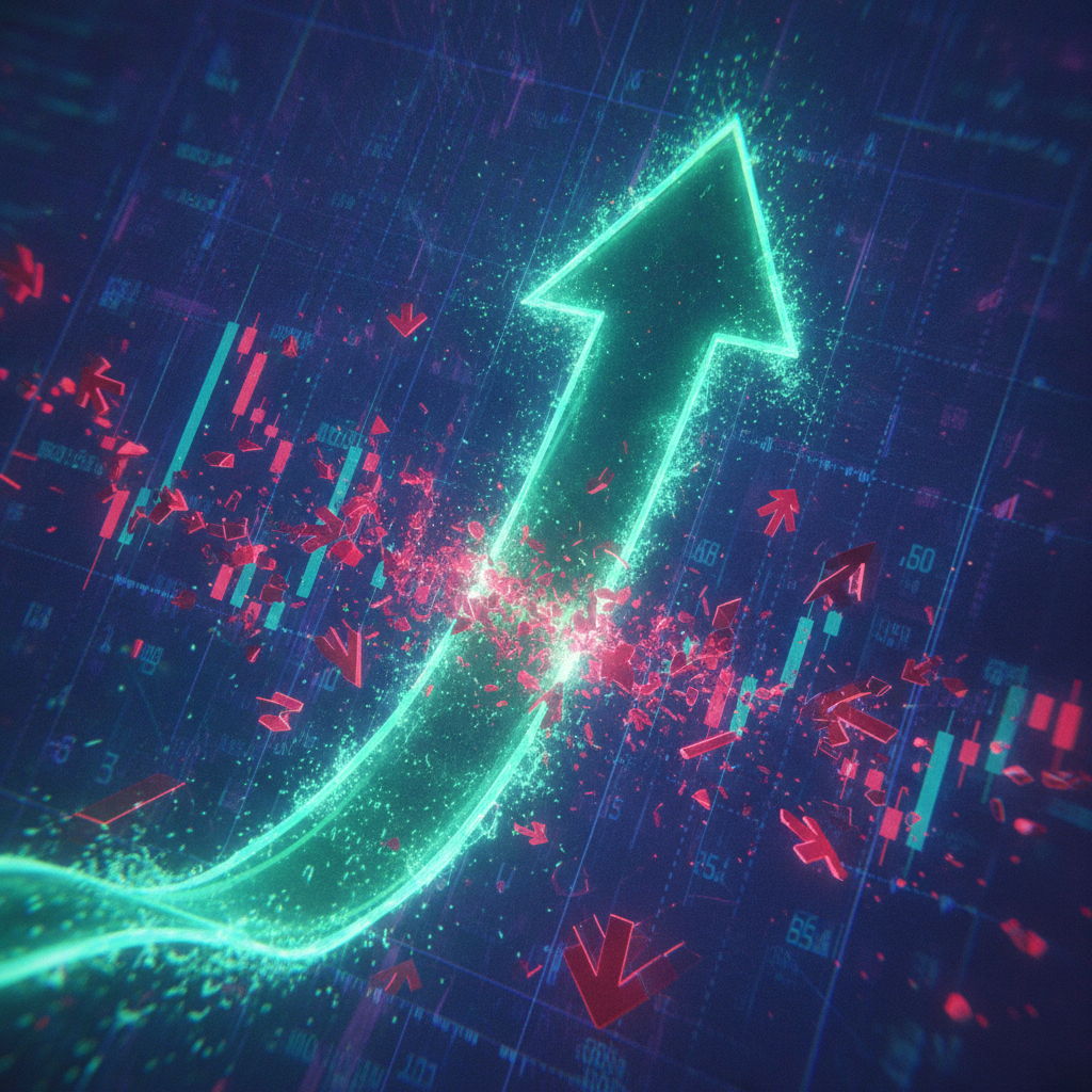 A dramatic, abstract representation of a 'short squeeze' in a cryptocurrency market. A powerful, glo
