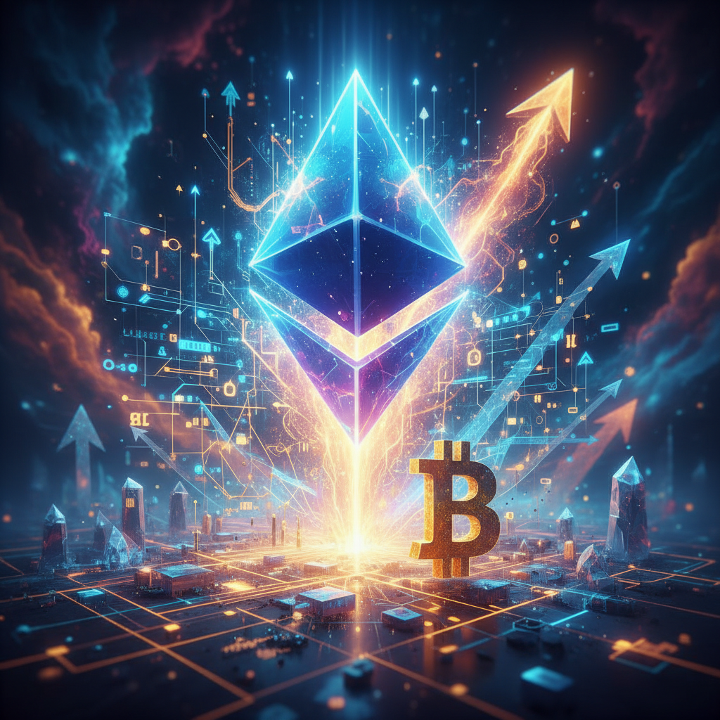 A dynamic visual representation of Ethereum's ascendancy. A large, brilliant Ethereum symbol (ETH) i
