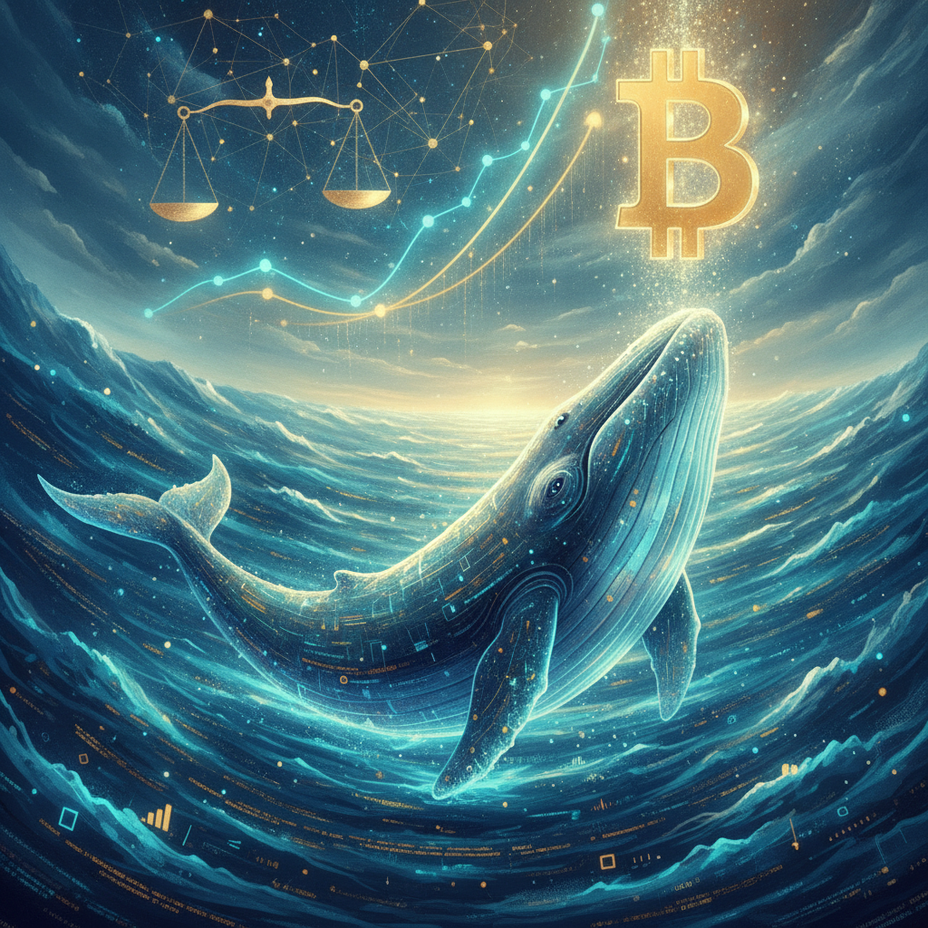 A majestic, stylized digital whale, glowing with subtle energy, gracefully navigates through a futur