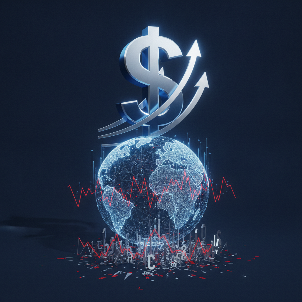 A powerful and abstract visual metaphor for global macroeconomic forces. A towering, stylized US Dol